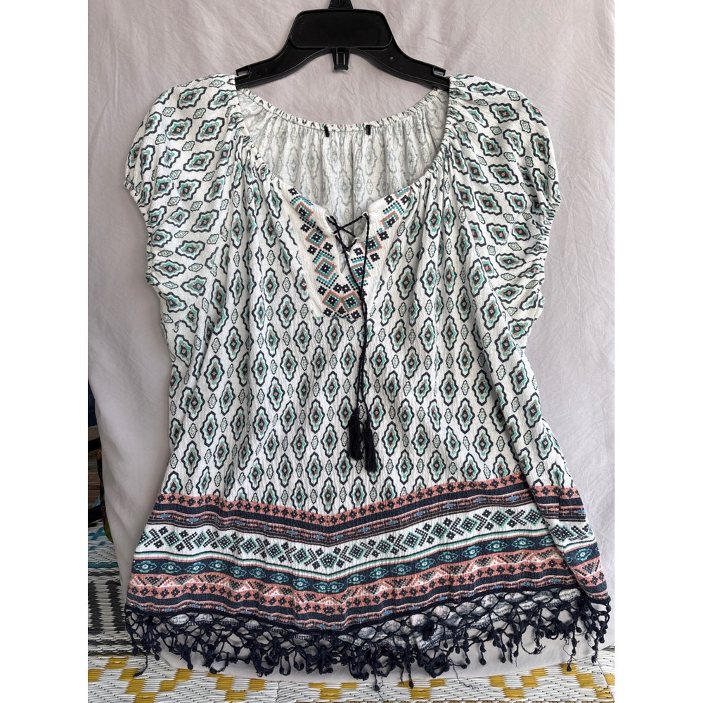 Boho Geometric Print Cap Sleeve Tassel Tie Fringe Hem Blouse Top Womens XL